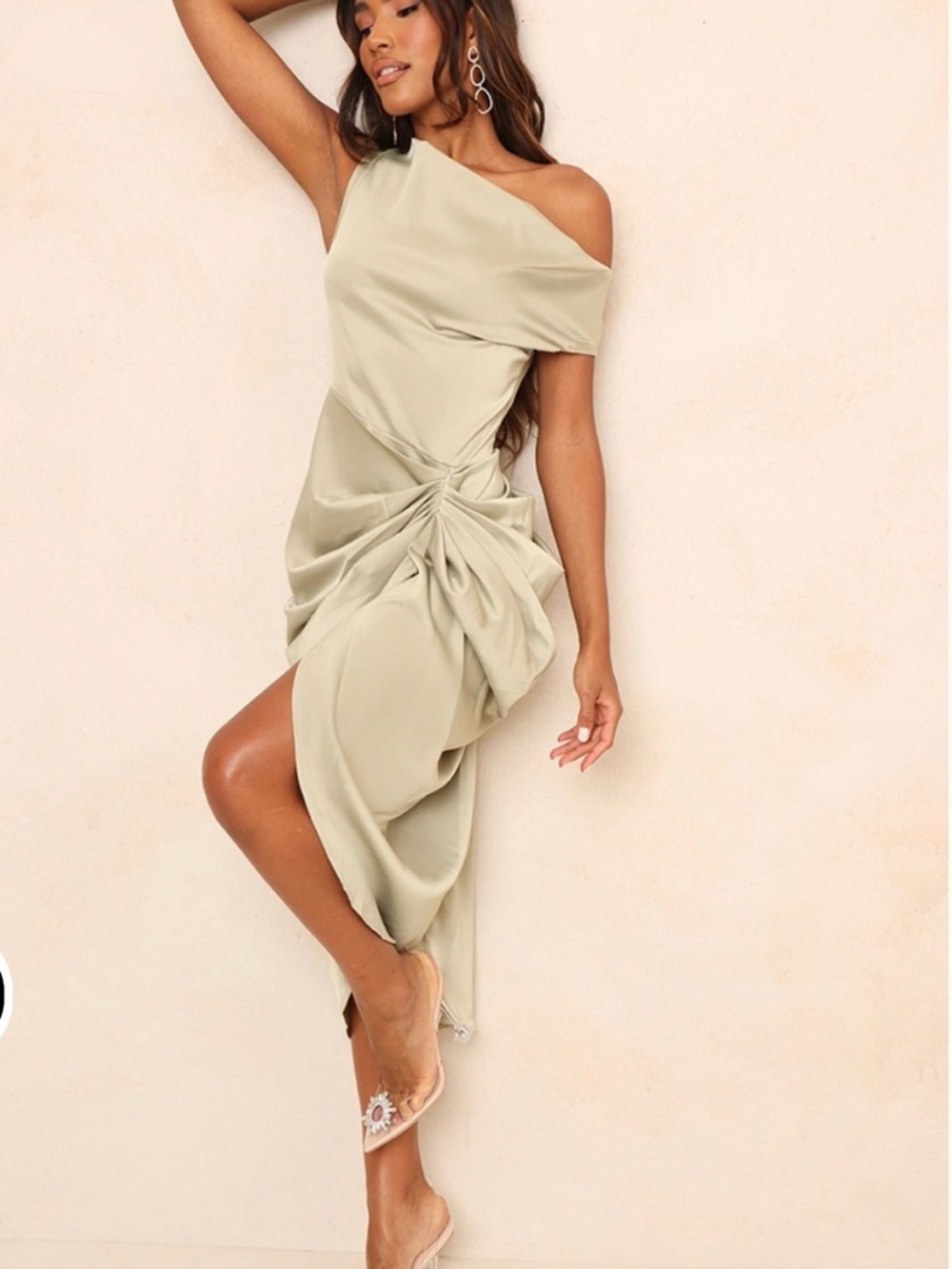 PrettyLittleThing One-Shoulder Sage Twist Midi Dress